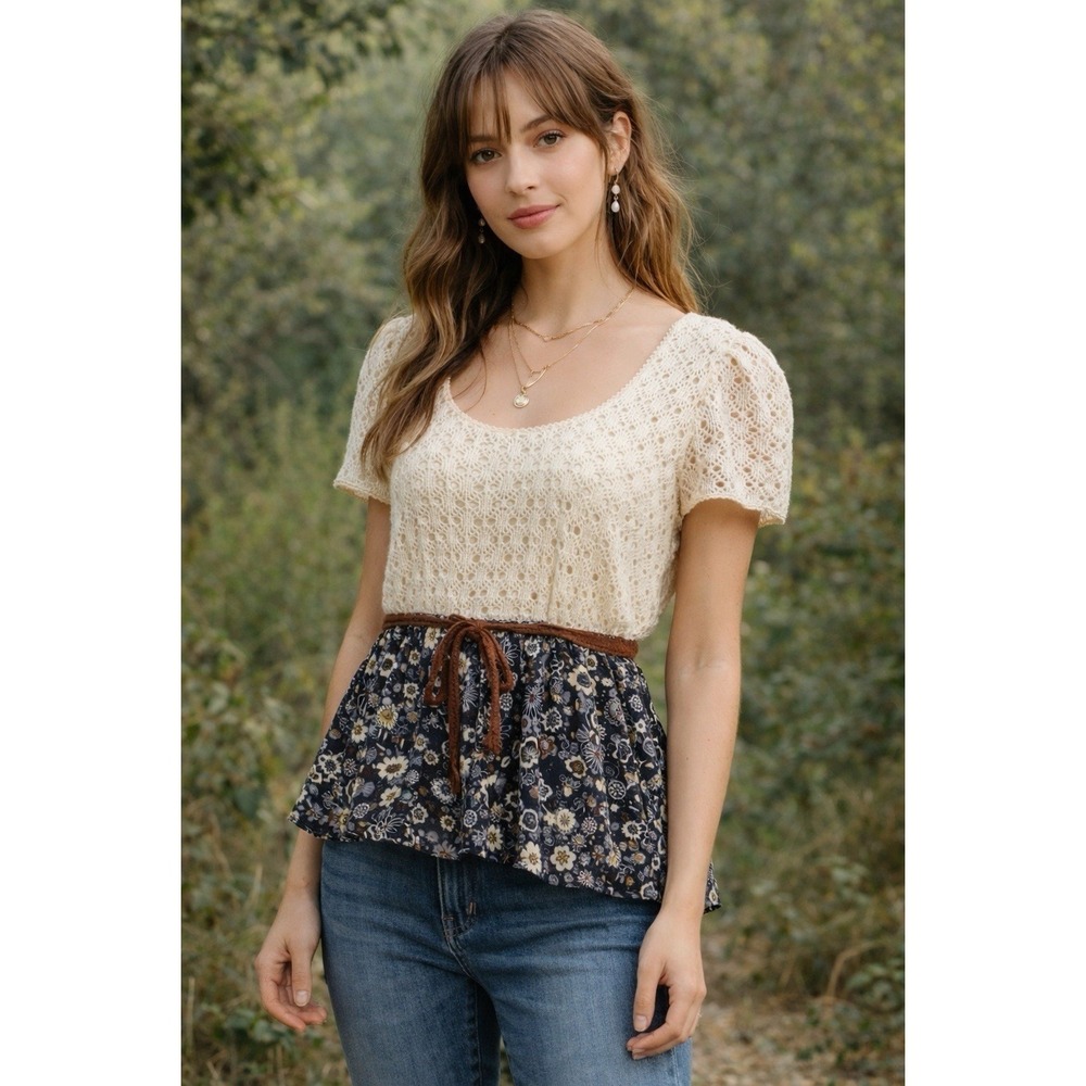 Boho Crochet‎ Lace Top XL Floral Peplum Tie Waist Cottagecore Blouse Festival
